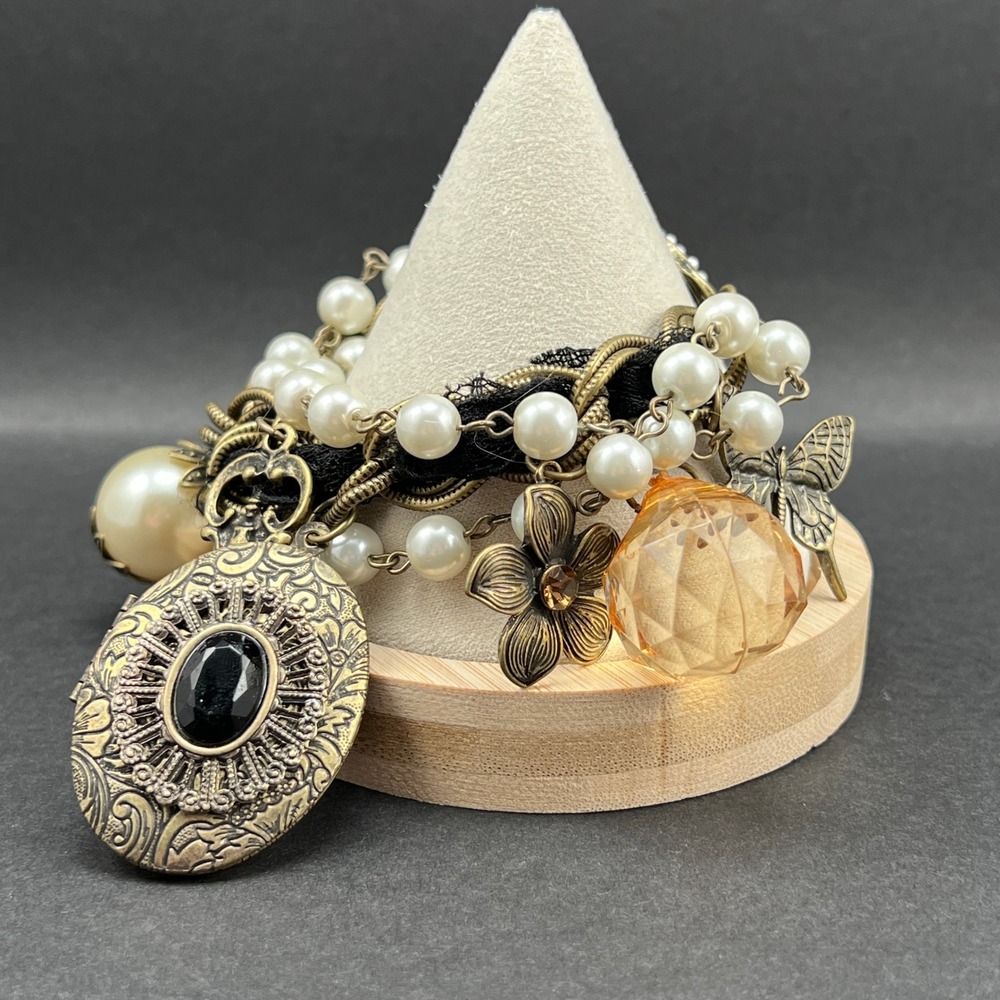 Locket Charm Bracelet Brass Tone Pearl Key Butterfly Victorian Revival 6.5"
